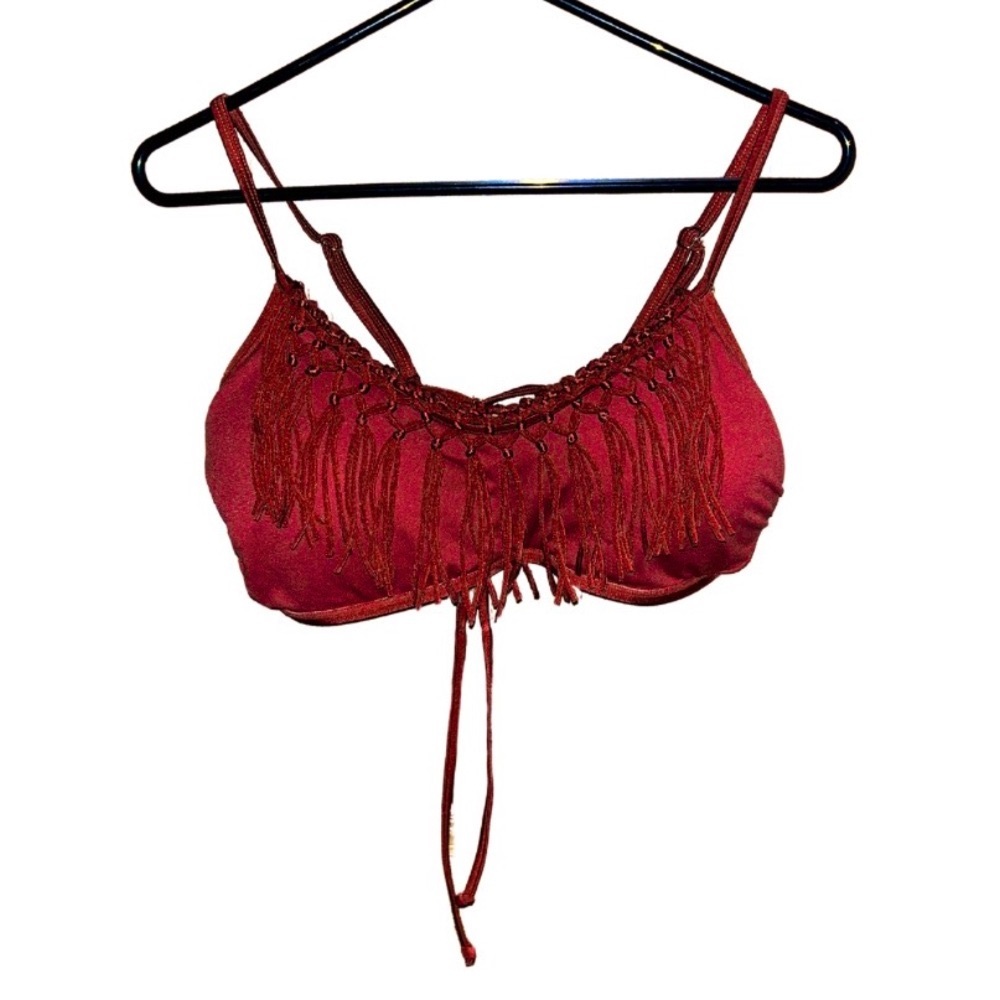 red burgundy bralette bikini stop w/ fringe tassels | xhileration | size XL